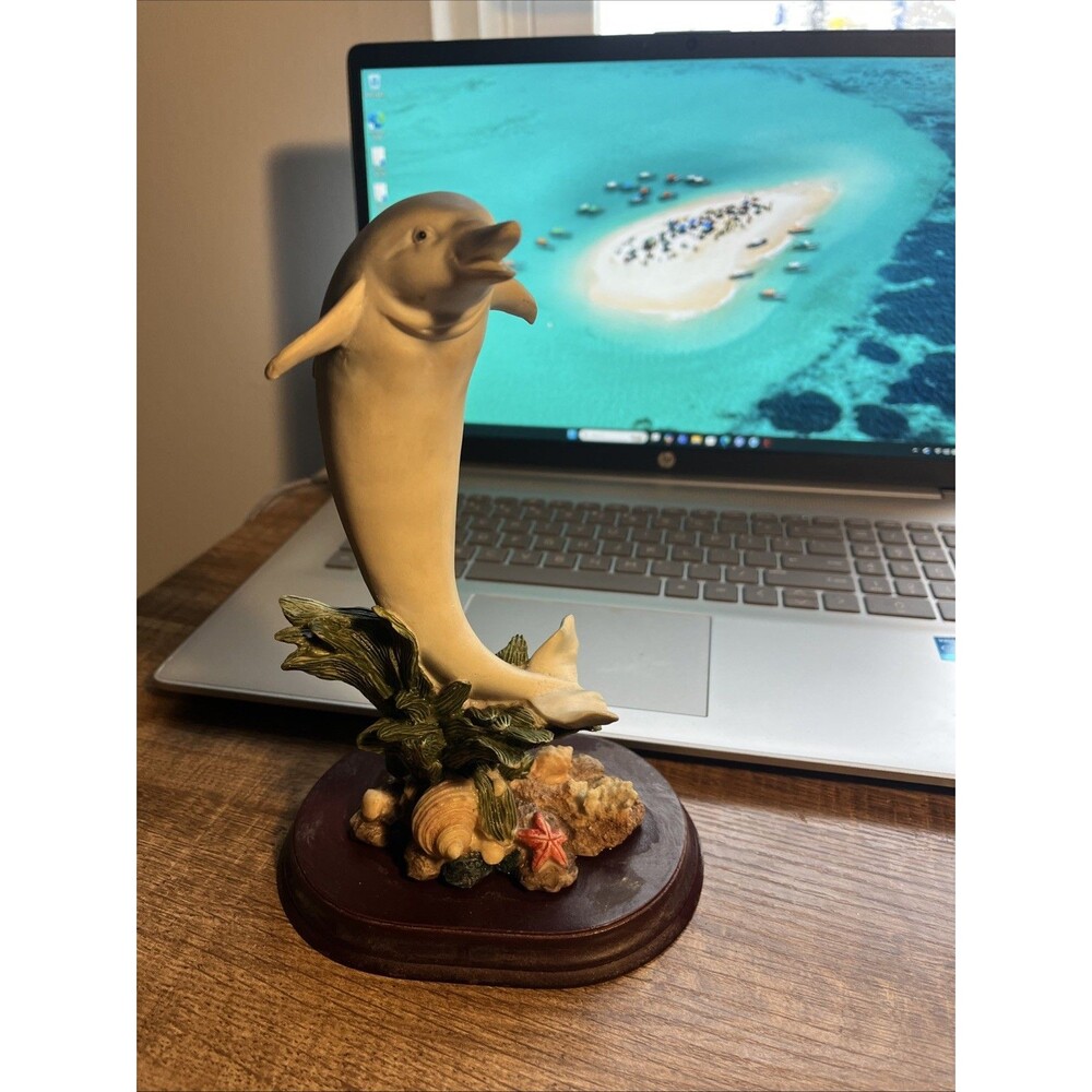 Vintage Leaping White Dolphin Figurine on Wooden Base Nautical Marine Life Decor